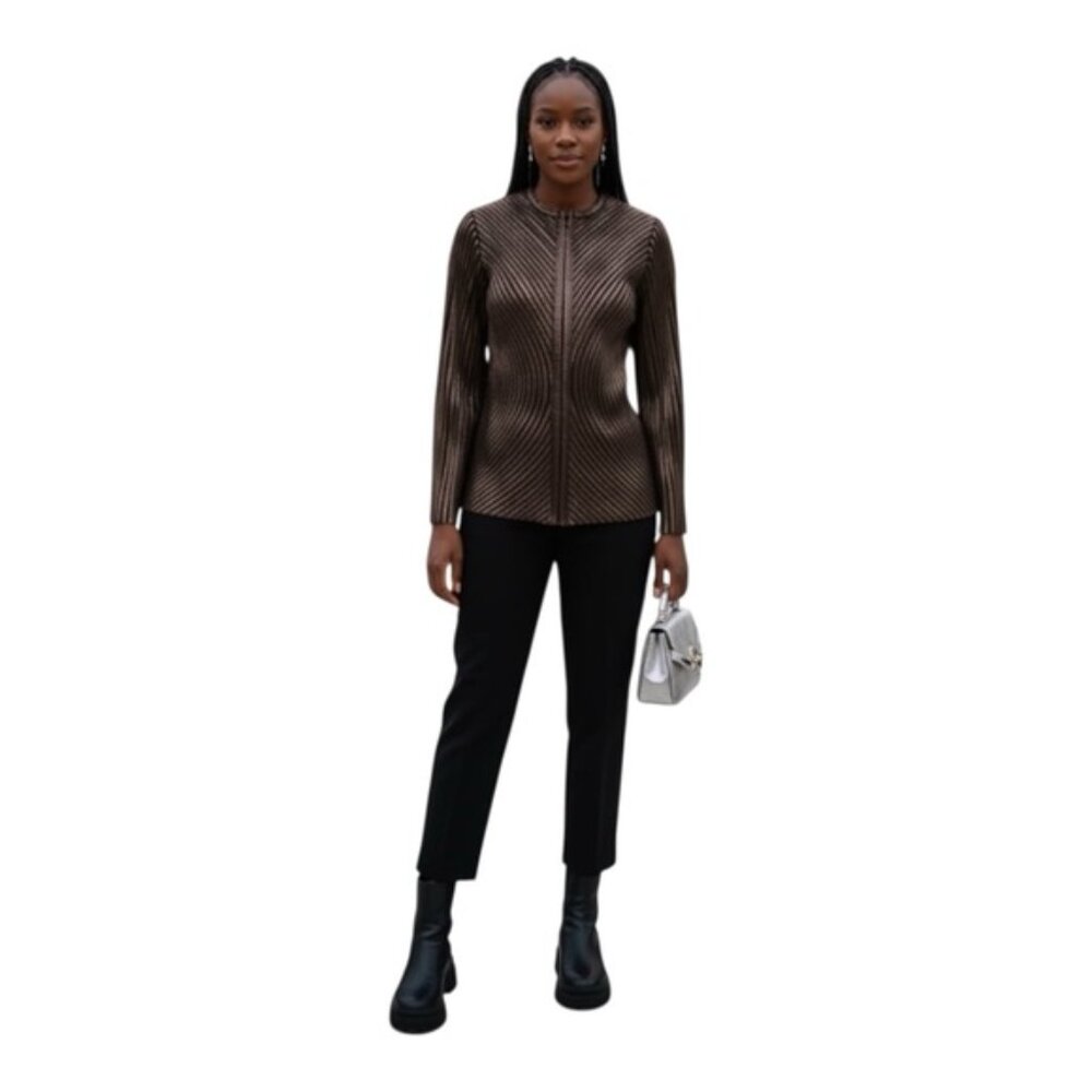Obstinee NEW Leather Stretch Mesh Vegan Zip Jacket Blazer Top Metallic Zipper 10
